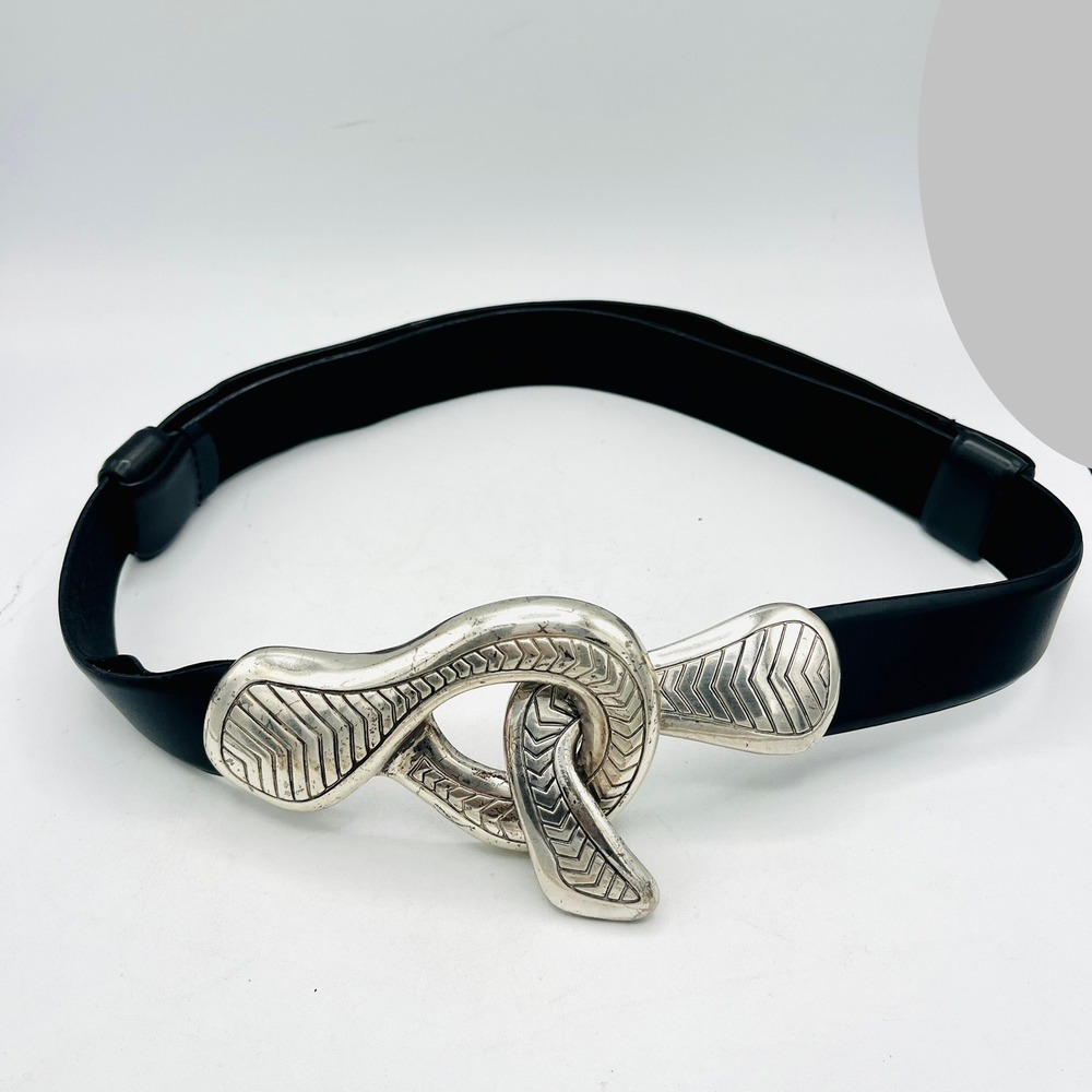 Chicos Black Simulated Leather Belt Silver Sculptural Knot Buckle Size Medium